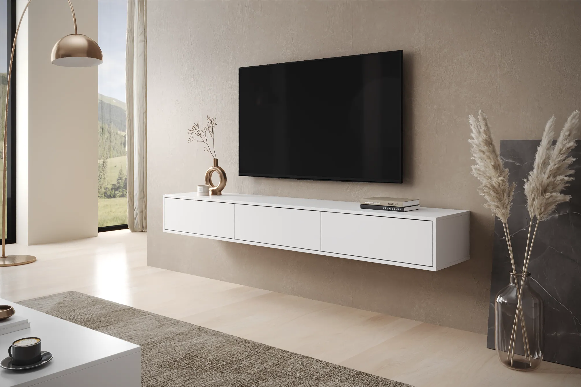  Szafka_RTV_wiszaca_Nero_200cm_biala_mat