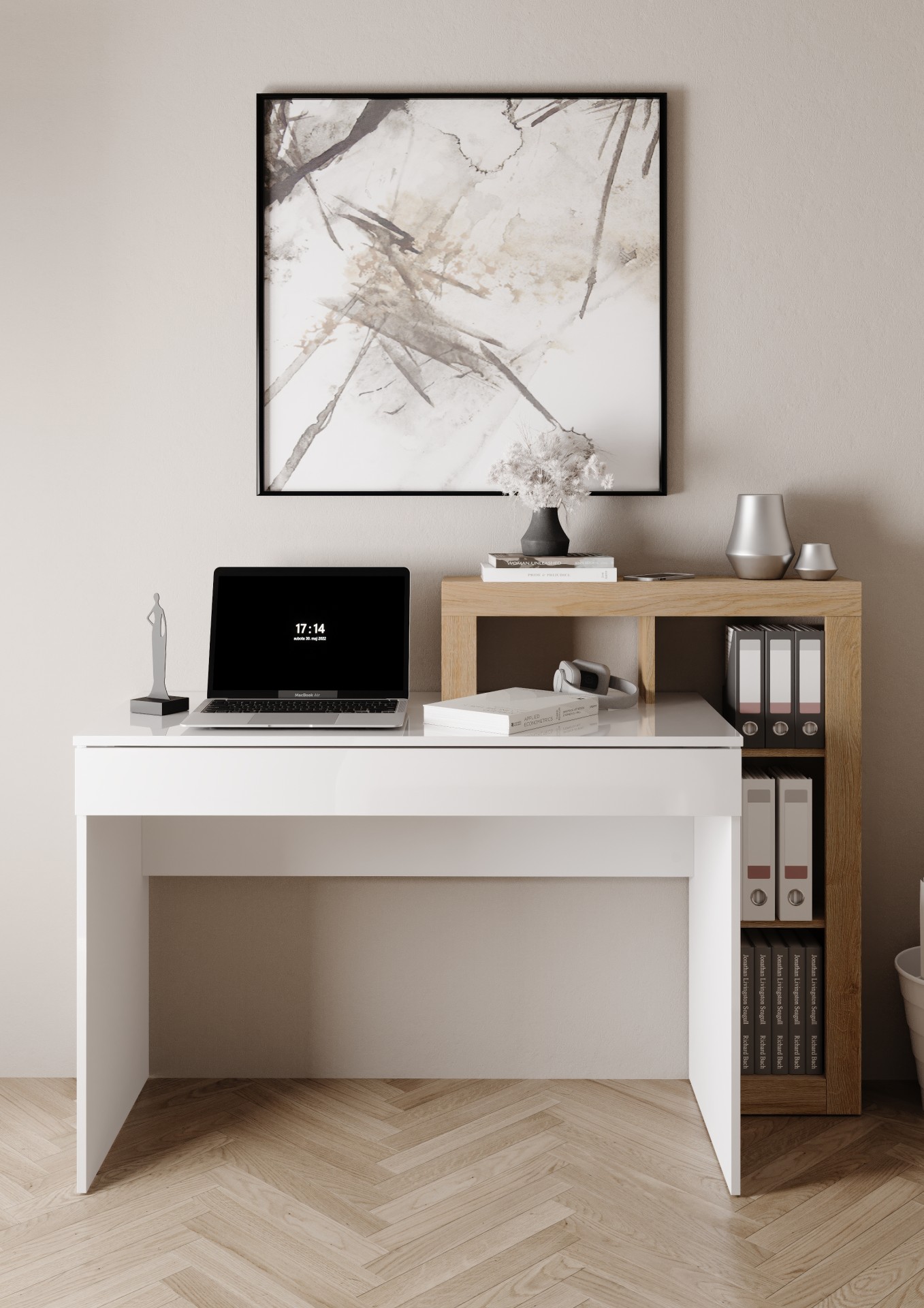  biurko_z_regalem_Verden_138_cm_bialy_wysoki_polysk_dab_Cadiz_mat