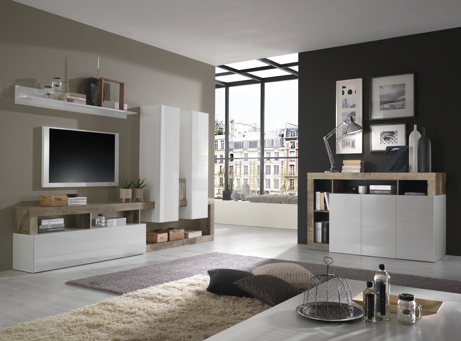 meblościanka do salonu Verden o szerokości 277 cm w kolorze biały połysk / klon mat