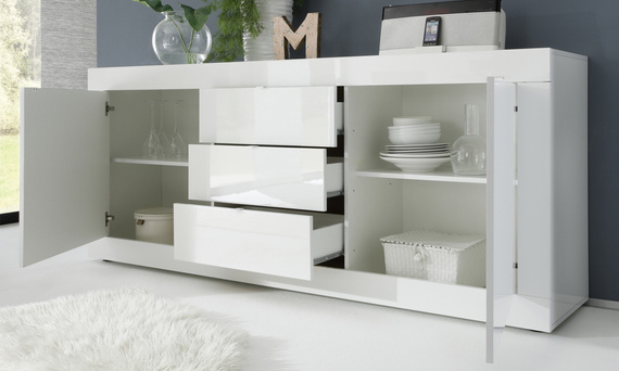 Komoda z szufladami i drzwiami biała wysoki połysk 210 cm Basic