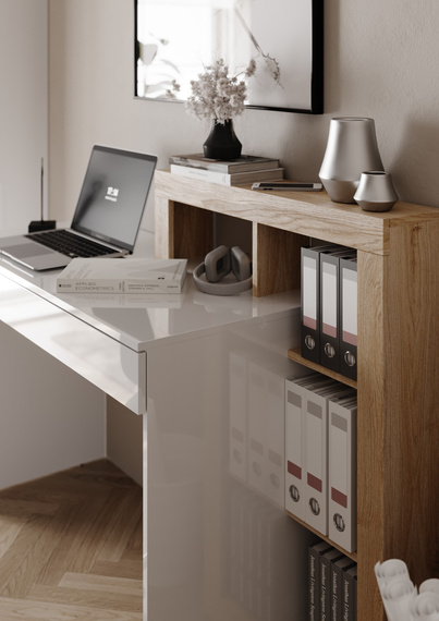 Biurko z regałem białe / dąb Cadiz wysoki połysk / mat 138 cm Verden