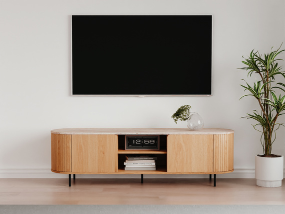 Szafka RTV z lamelalami dąb / trawertyn mat 160 cm Fabia