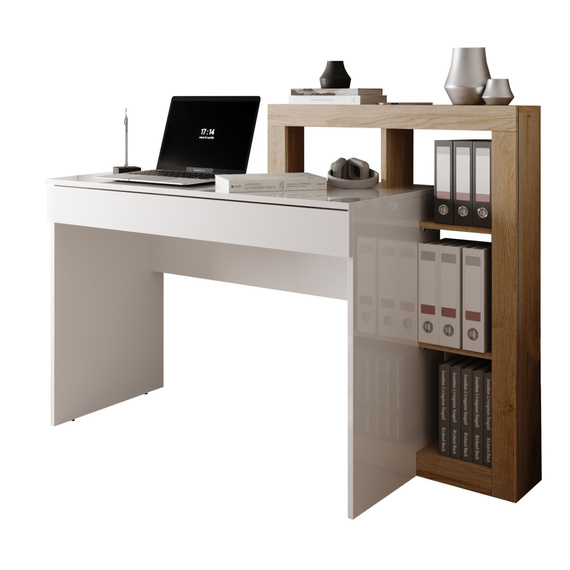 Biurko z regałem białe / dąb Cadiz wysoki połysk / mat 138 cm Verden