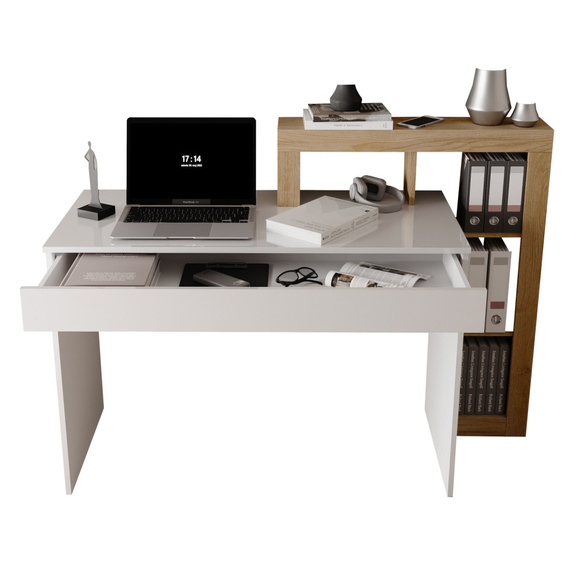 Biurko z regałem białe / dąb Cadiz wysoki połysk / mat 138 cm Verden