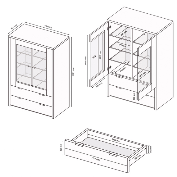 Witryna dwudrzwiowa z szufladami biała wysoki połysk 119 x 192 cm Roma