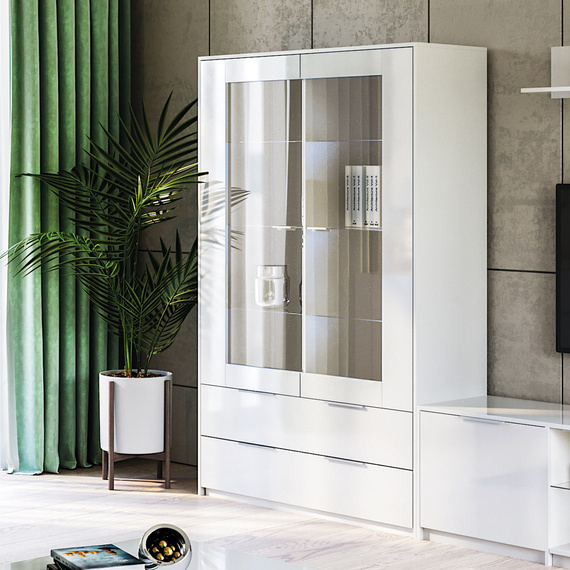 Witryna dwudrzwiowa z szufladami biała wysoki połysk 119 x 192 cm Roma