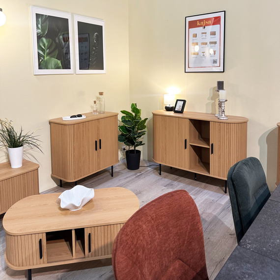 Komoda owalna z drzwiami dąb / trawertyn mat 120 cm Fabia