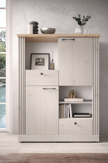 Komoda wysoka z drzwiami i szufladami dąb Meringa/dąb Cadiz mat 118 cm Avina