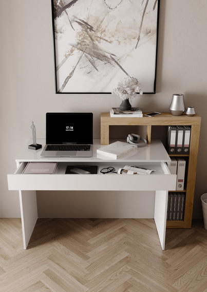Biurko z regałem białe / dąb Cadiz wysoki połysk / mat 138 cm Verden