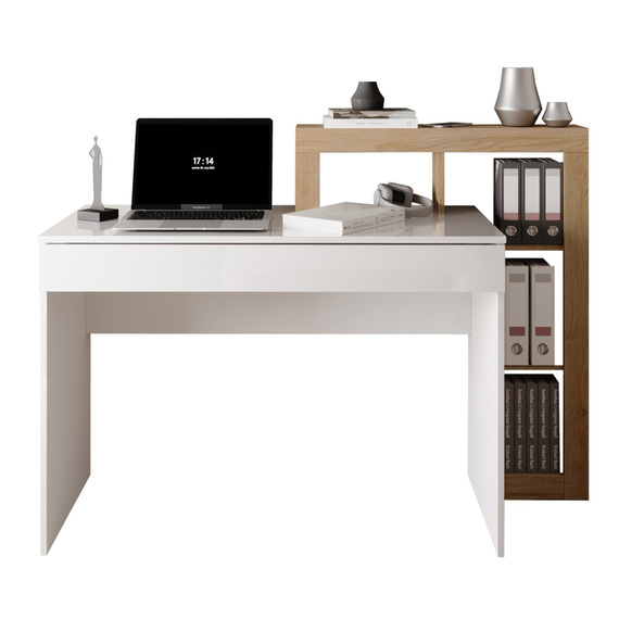 Biurko z regałem białe / dąb Cadiz wysoki połysk / mat 138 cm Verden