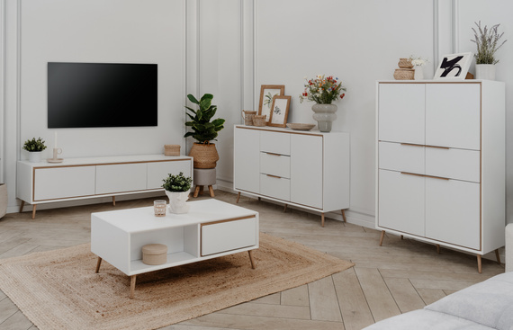 Komoda z szufladami i drzwiami biała / dąb artisan mat 135 cm Arona