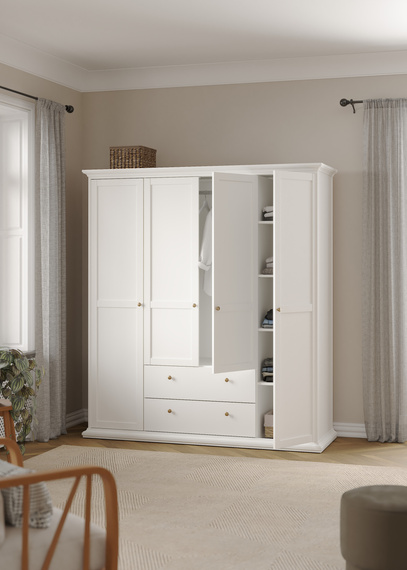 Szafa czterodrzwiowa z szufladami biała mat 182 x 201 cm Paris