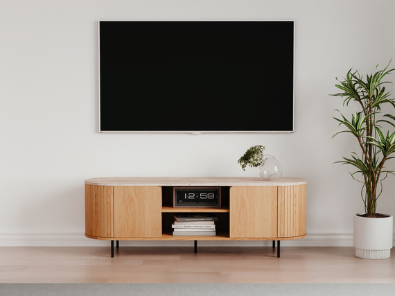 Szafka RTV z lamelalami dąb / trawertyn mat 140 cm Fabia