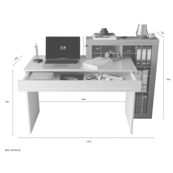 Biurko z regałem białe / dąb Cadiz wysoki połysk / mat 138 cm Verden