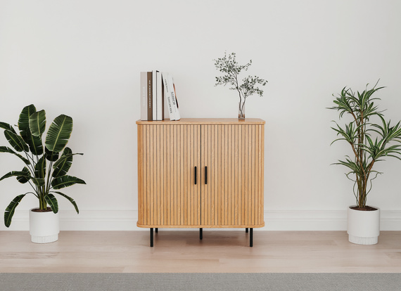 Komoda owalna z drzwiami dąb / trawertyn mat 80 cm Fabia