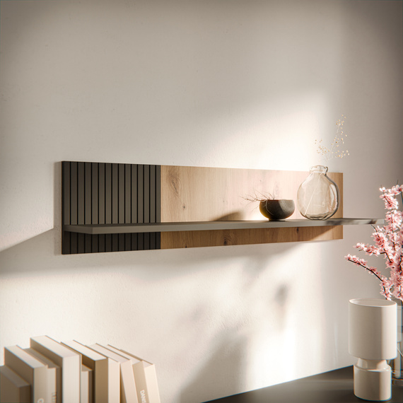 Półka wisząca dąb artisan / czarna mat 110 x 20 cm Arden