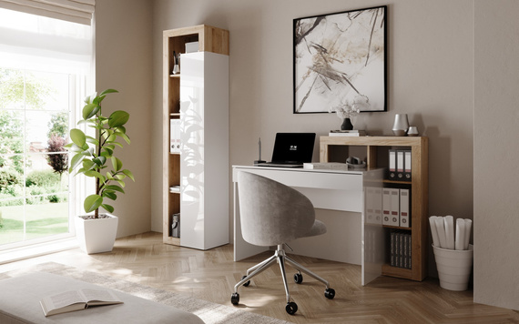Biurko z regałem białe / dąb Cadiz wysoki połysk / mat 138 cm Verden