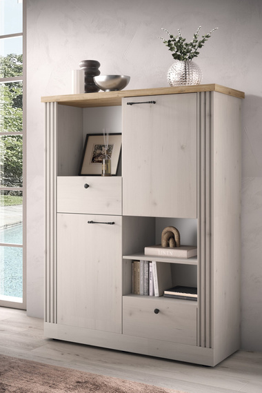 Komoda wysoka z drzwiami i szufladami dąb Meringa/dąb Cadiz mat 118 cm Avina