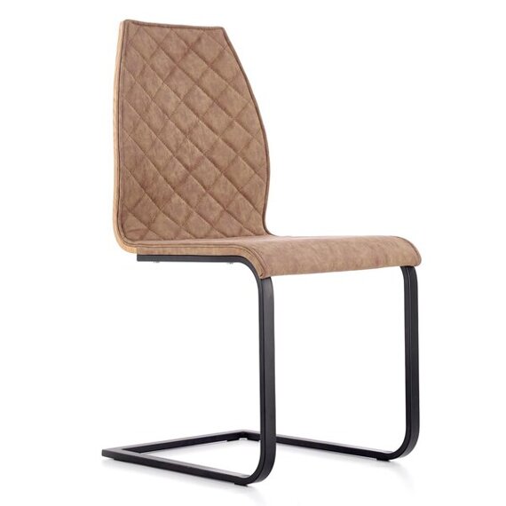 Krzesło tapicerowane K265 tył sklejka dąb miodowy, przód eko skóra brązowy, płoza czerwona 