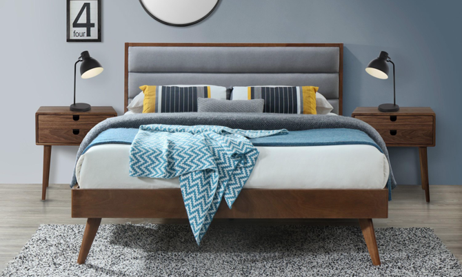 Łóżko tapicerowane Orlando 160x200 cm, tkanina popielata, drewno lite kauczukowe orzech