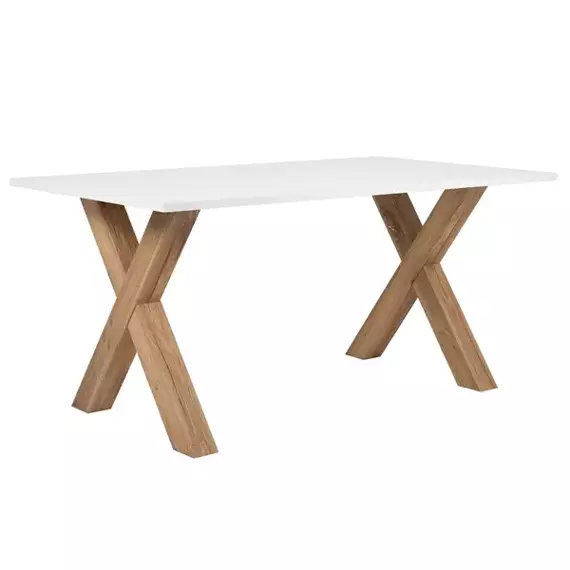 Stół Manzano 160x90x75 cm, blat biały, podstawa krzyżowa dąb 